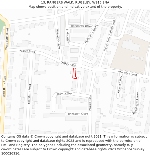 13, RANGERS WALK, RUGELEY, WS15 2NA: Location map and indicative extent of plot