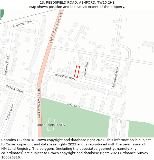 13, REEDSFIELD ROAD, ASHFORD, TW15 2HE: Location map and indicative extent of plot