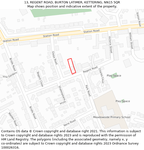 13, REGENT ROAD, BURTON LATIMER, KETTERING, NN15 5QR: Location map and indicative extent of plot