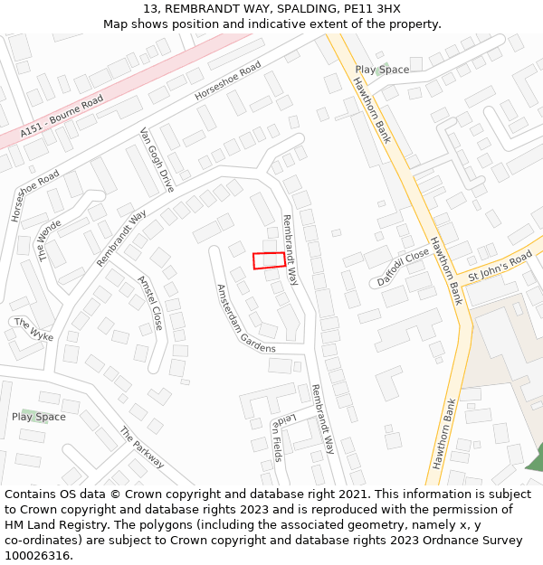 13, REMBRANDT WAY, SPALDING, PE11 3HX: Location map and indicative extent of plot