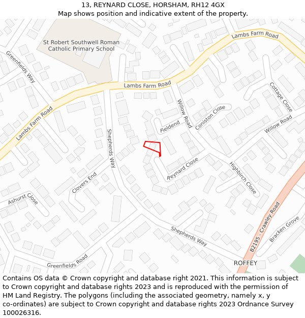 13, REYNARD CLOSE, HORSHAM, RH12 4GX: Location map and indicative extent of plot