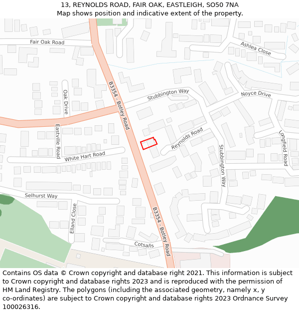 13, REYNOLDS ROAD, FAIR OAK, EASTLEIGH, SO50 7NA: Location map and indicative extent of plot