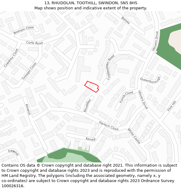 13, RHUDDLAN, TOOTHILL, SWINDON, SN5 8HS: Location map and indicative extent of plot