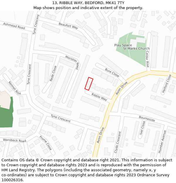 13, RIBBLE WAY, BEDFORD, MK41 7TY: Location map and indicative extent of plot