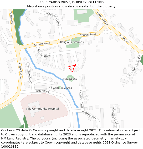 13, RICARDO DRIVE, DURSLEY, GL11 5BD: Location map and indicative extent of plot