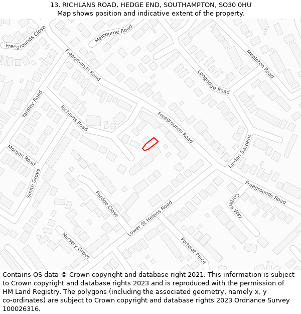 13, RICHLANS ROAD, HEDGE END, SOUTHAMPTON, SO30 0HU: Location map and indicative extent of plot