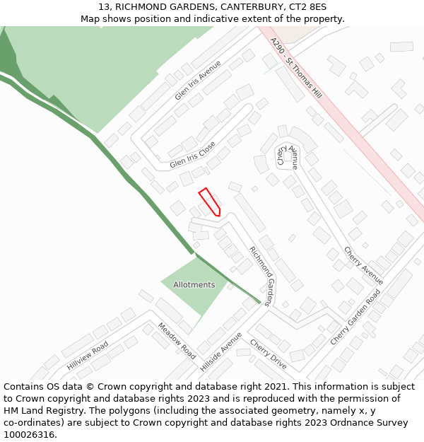 13, RICHMOND GARDENS, CANTERBURY, CT2 8ES: Location map and indicative extent of plot