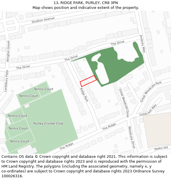 13, RIDGE PARK, PURLEY, CR8 3PN: Location map and indicative extent of plot