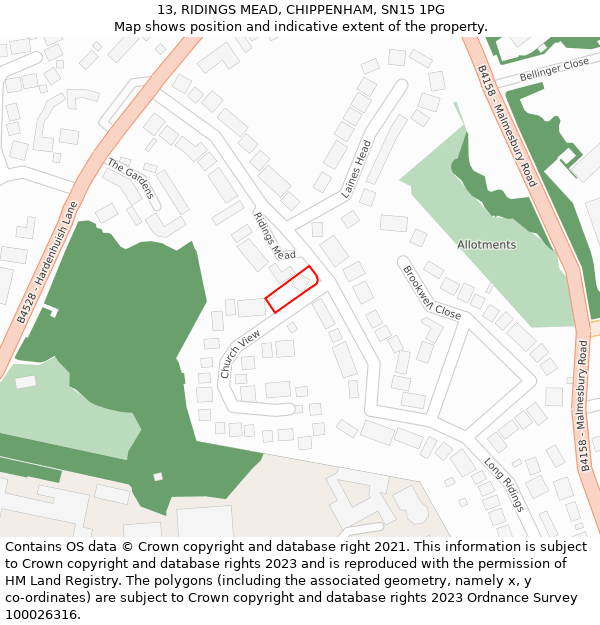 13, RIDINGS MEAD, CHIPPENHAM, SN15 1PG: Location map and indicative extent of plot