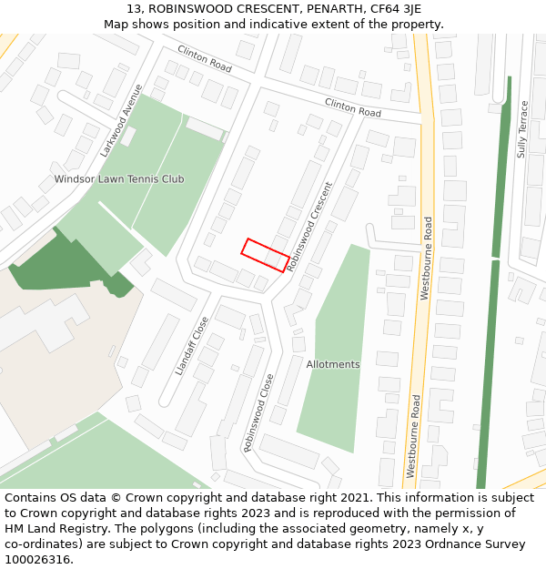 13, ROBINSWOOD CRESCENT, PENARTH, CF64 3JE: Location map and indicative extent of plot