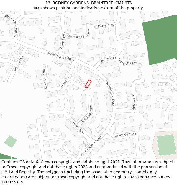 13, RODNEY GARDENS, BRAINTREE, CM7 9TS: Location map and indicative extent of plot