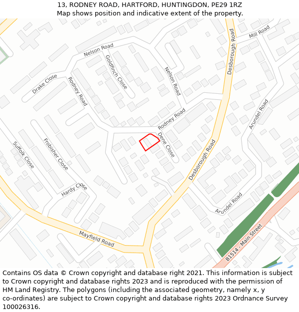 13, RODNEY ROAD, HARTFORD, HUNTINGDON, PE29 1RZ: Location map and indicative extent of plot