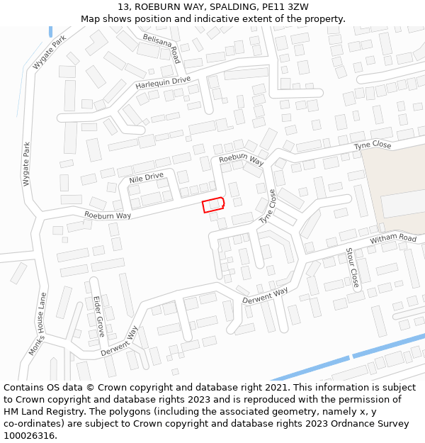 13, ROEBURN WAY, SPALDING, PE11 3ZW: Location map and indicative extent of plot