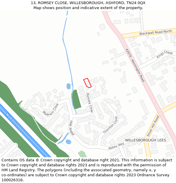 13, ROMSEY CLOSE, WILLESBOROUGH, ASHFORD, TN24 0QX: Location map and indicative extent of plot