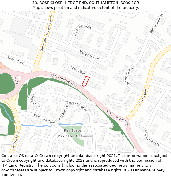 13, ROSE CLOSE, HEDGE END, SOUTHAMPTON, SO30 2GR: Location map and indicative extent of plot