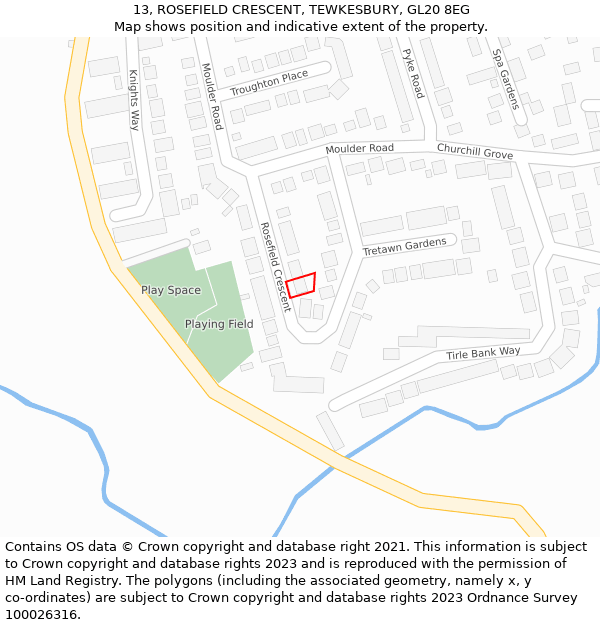 13, ROSEFIELD CRESCENT, TEWKESBURY, GL20 8EG: Location map and indicative extent of plot