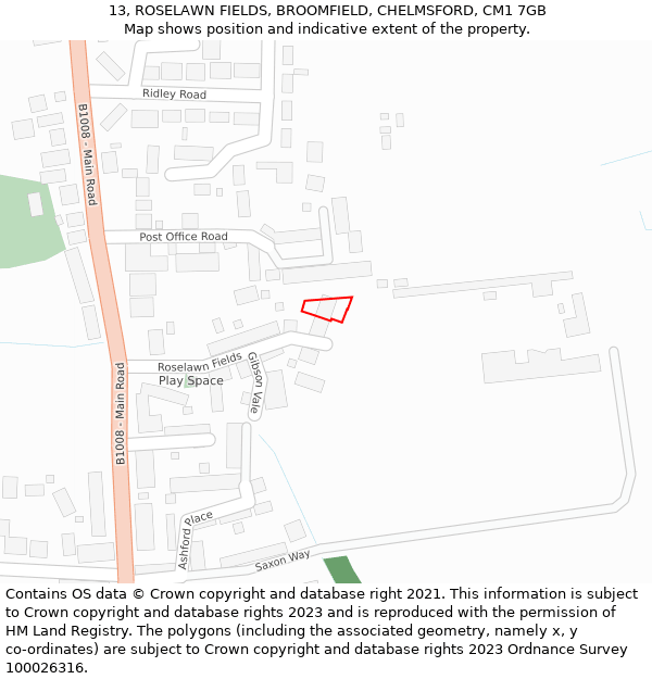 13, ROSELAWN FIELDS, BROOMFIELD, CHELMSFORD, CM1 7GB: Location map and indicative extent of plot