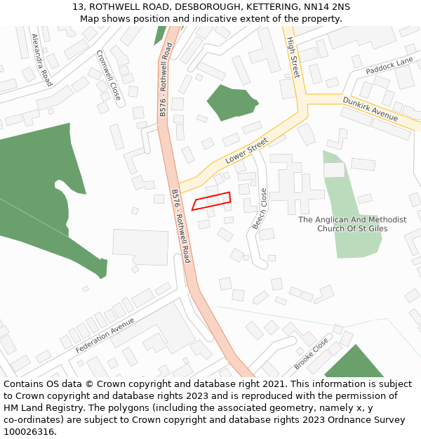 13, ROTHWELL ROAD, DESBOROUGH, KETTERING, NN14 2NS: Location map and indicative extent of plot