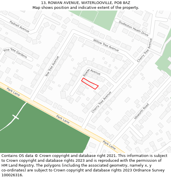 13, ROWAN AVENUE, WATERLOOVILLE, PO8 8AZ: Location map and indicative extent of plot