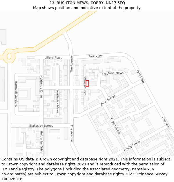 13, RUSHTON MEWS, CORBY, NN17 5EQ: Location map and indicative extent of plot