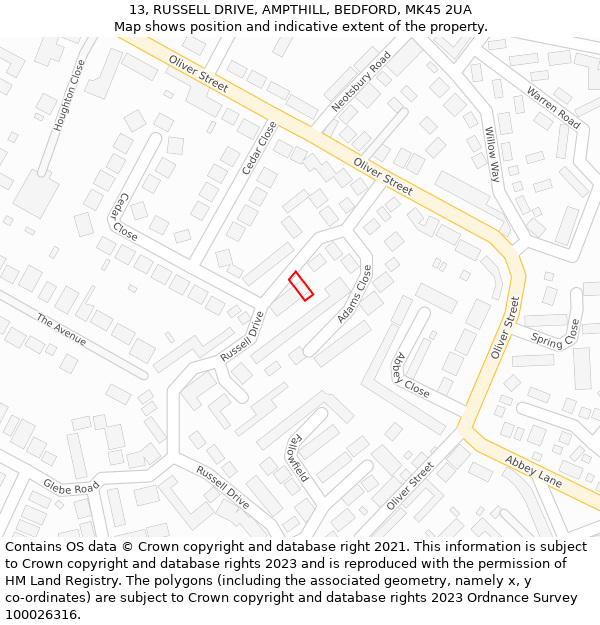 13, RUSSELL DRIVE, AMPTHILL, BEDFORD, MK45 2UA: Location map and indicative extent of plot