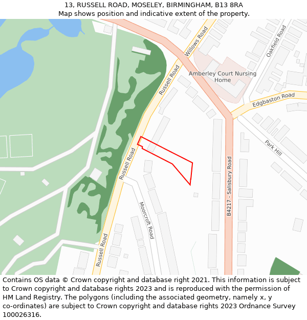 13, RUSSELL ROAD, MOSELEY, BIRMINGHAM, B13 8RA: Location map and indicative extent of plot