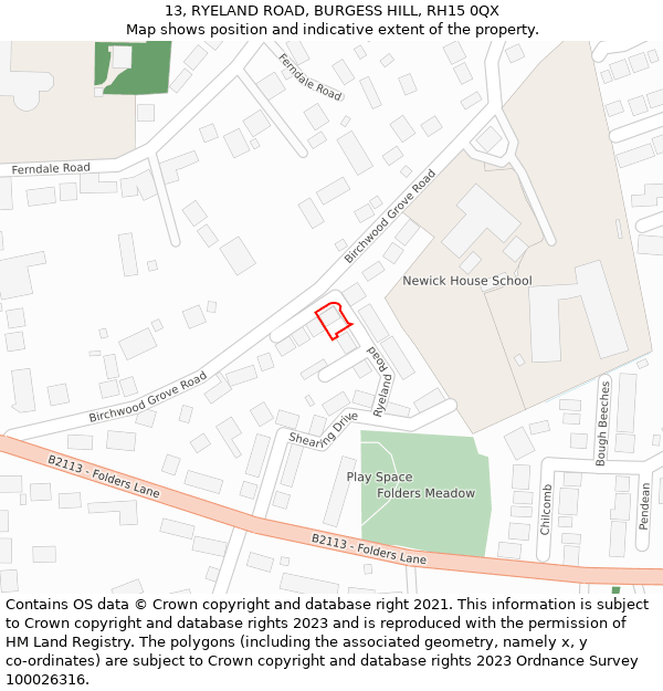 13, RYELAND ROAD, BURGESS HILL, RH15 0QX: Location map and indicative extent of plot