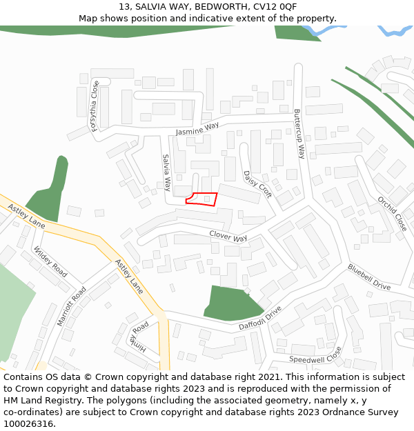 13, SALVIA WAY, BEDWORTH, CV12 0QF: Location map and indicative extent of plot