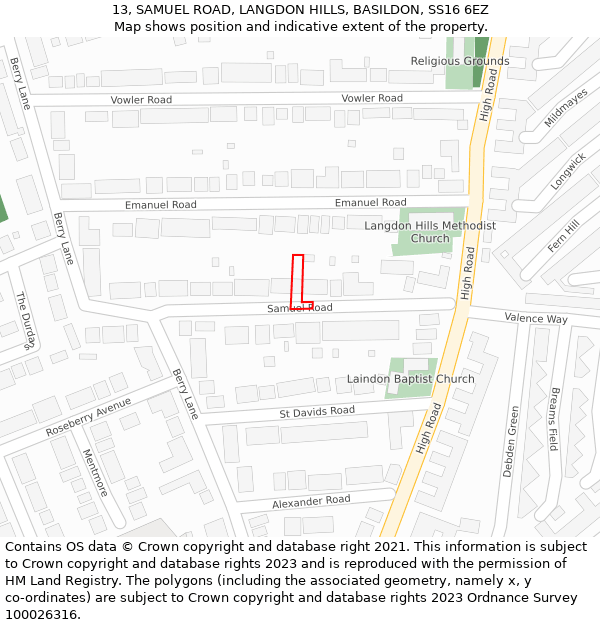 13, SAMUEL ROAD, LANGDON HILLS, BASILDON, SS16 6EZ: Location map and indicative extent of plot