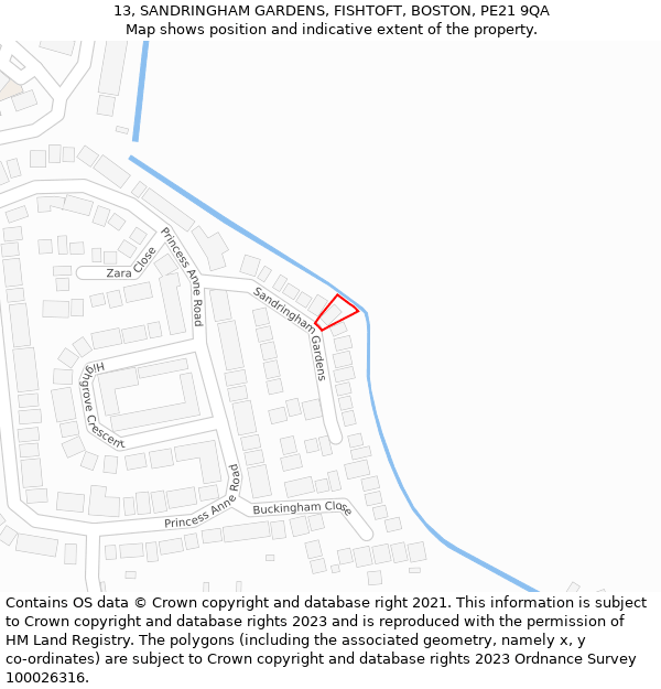 13, SANDRINGHAM GARDENS, FISHTOFT, BOSTON, PE21 9QA: Location map and indicative extent of plot