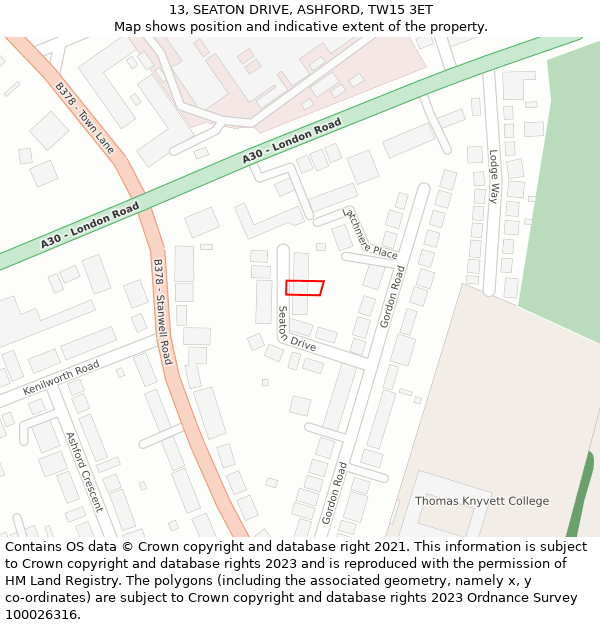 13, SEATON DRIVE, ASHFORD, TW15 3ET: Location map and indicative extent of plot