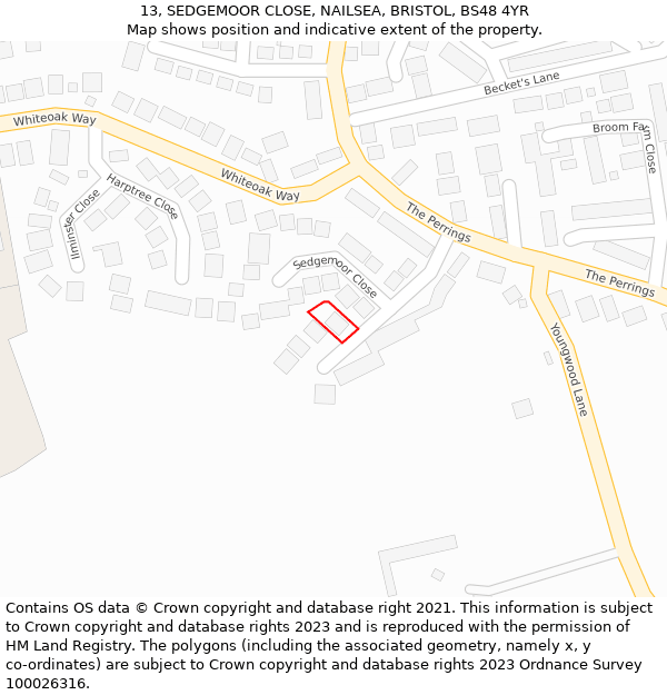 13, SEDGEMOOR CLOSE, NAILSEA, BRISTOL, BS48 4YR: Location map and indicative extent of plot