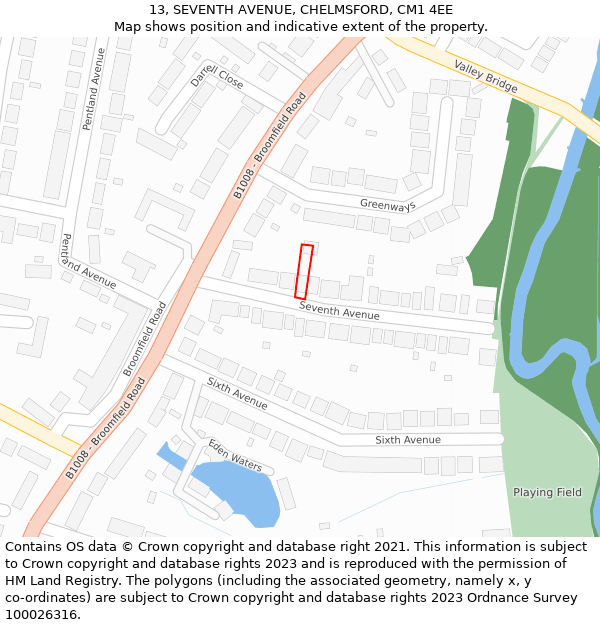 13, SEVENTH AVENUE, CHELMSFORD, CM1 4EE: Location map and indicative extent of plot