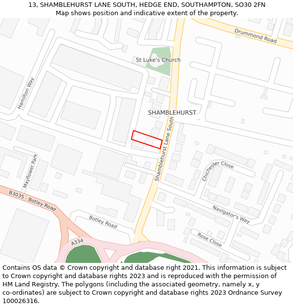 13, SHAMBLEHURST LANE SOUTH, HEDGE END, SOUTHAMPTON, SO30 2FN: Location map and indicative extent of plot