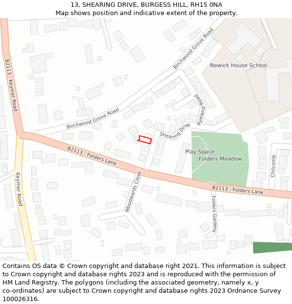 13, SHEARING DRIVE, BURGESS HILL, RH15 0NA: Location map and indicative extent of plot