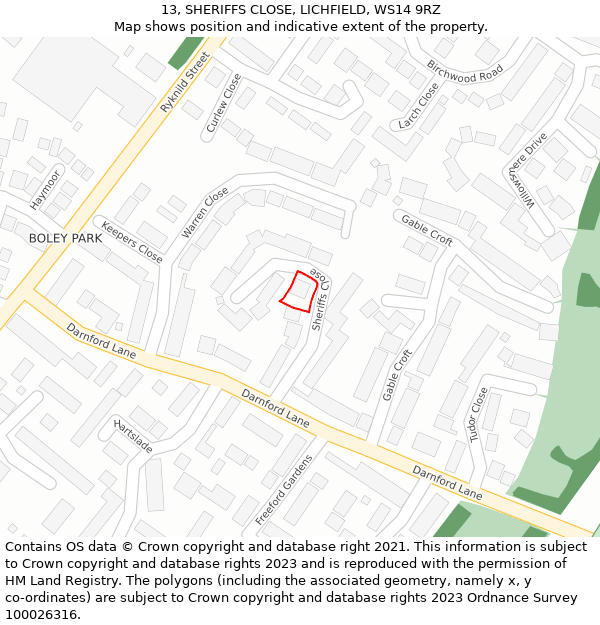 13, SHERIFFS CLOSE, LICHFIELD, WS14 9RZ: Location map and indicative extent of plot