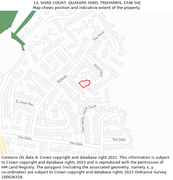 13, SHIRE COURT, QUAKERS YARD, TREHARRIS, CF46 5HJ: Location map and indicative extent of plot