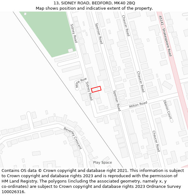 13, SIDNEY ROAD, BEDFORD, MK40 2BQ: Location map and indicative extent of plot