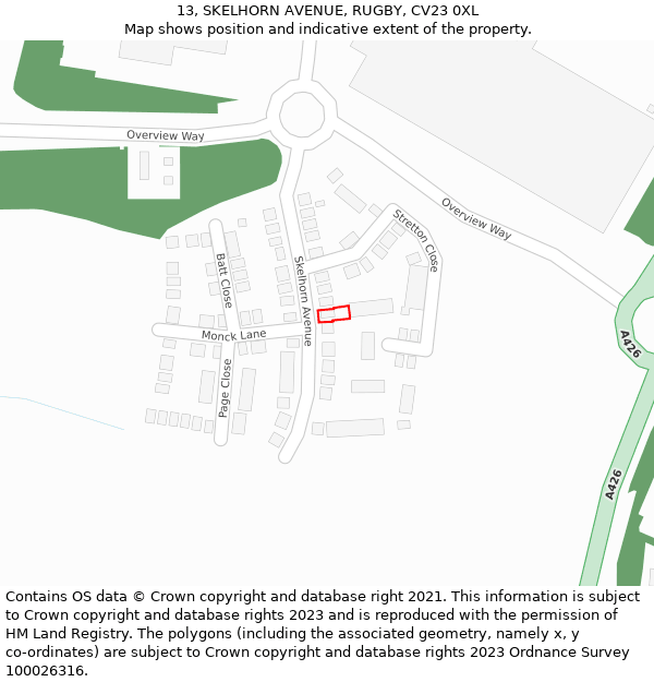 13, SKELHORN AVENUE, RUGBY, CV23 0XL: Location map and indicative extent of plot