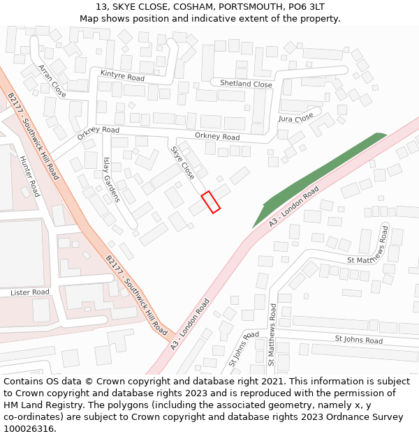 13, SKYE CLOSE, COSHAM, PORTSMOUTH, PO6 3LT: Location map and indicative extent of plot