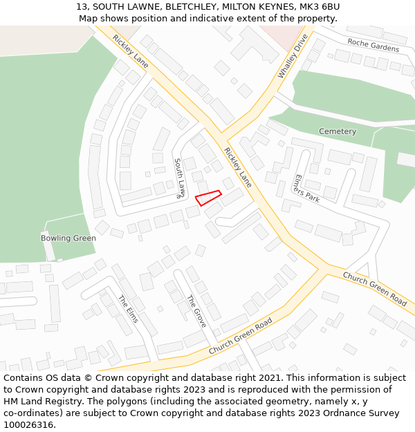 13, SOUTH LAWNE, BLETCHLEY, MILTON KEYNES, MK3 6BU: Location map and indicative extent of plot