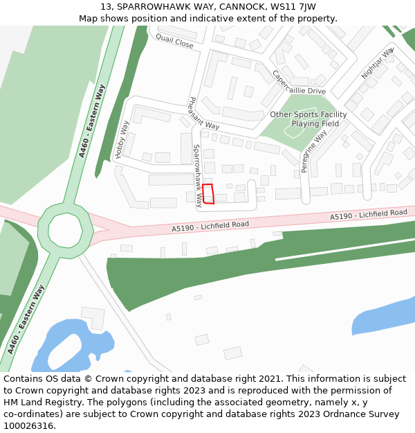 13, SPARROWHAWK WAY, CANNOCK, WS11 7JW: Location map and indicative extent of plot