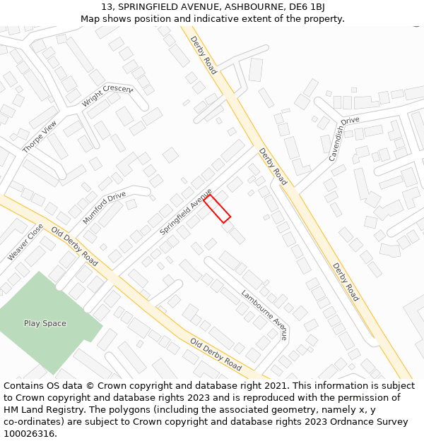 13, SPRINGFIELD AVENUE, ASHBOURNE, DE6 1BJ: Location map and indicative extent of plot