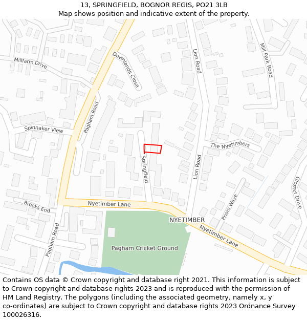 13, SPRINGFIELD, BOGNOR REGIS, PO21 3LB: Location map and indicative extent of plot