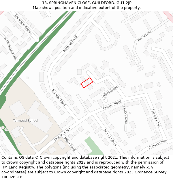 13, SPRINGHAVEN CLOSE, GUILDFORD, GU1 2JP: Location map and indicative extent of plot