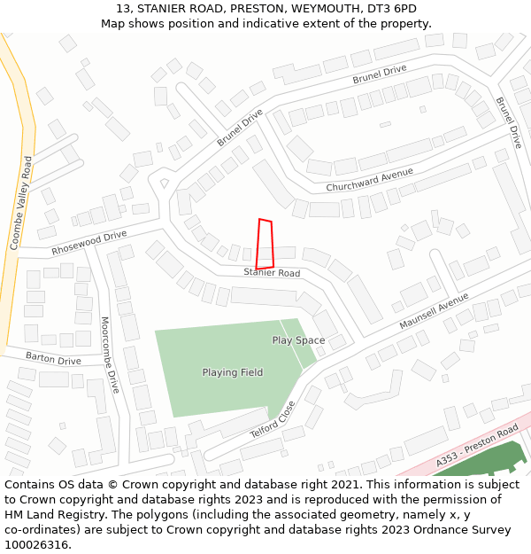 13, STANIER ROAD, PRESTON, WEYMOUTH, DT3 6PD: Location map and indicative extent of plot