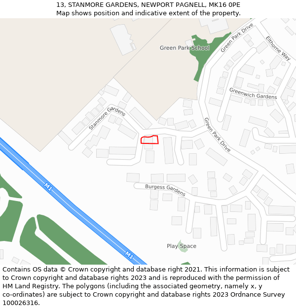 13, STANMORE GARDENS, NEWPORT PAGNELL, MK16 0PE: Location map and indicative extent of plot