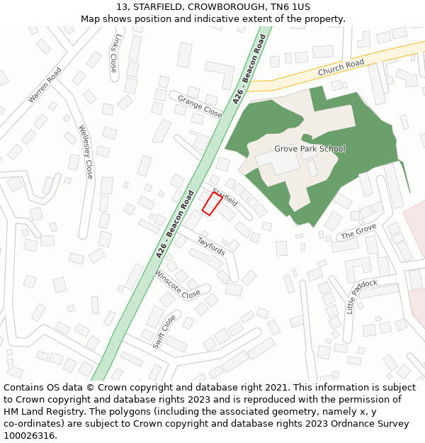 13, STARFIELD, CROWBOROUGH, TN6 1US: Location map and indicative extent of plot