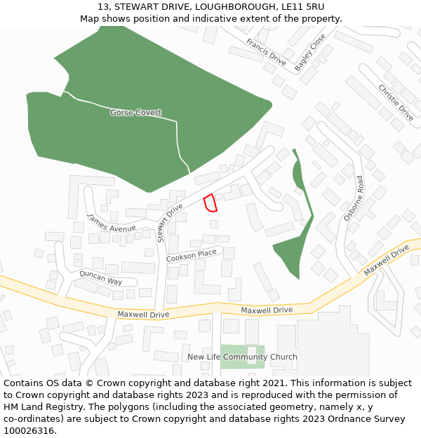 13, STEWART DRIVE, LOUGHBOROUGH, LE11 5RU: Location map and indicative extent of plot