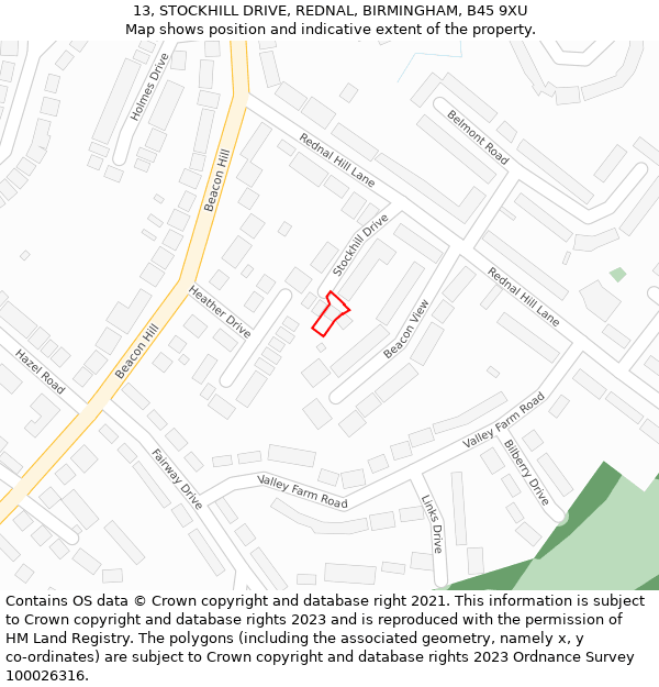 13, STOCKHILL DRIVE, REDNAL, BIRMINGHAM, B45 9XU: Location map and indicative extent of plot